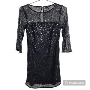 Ann Taylor Petite Black Lace and Sequins 3/4-Sleeve Formal Dress Sz 00